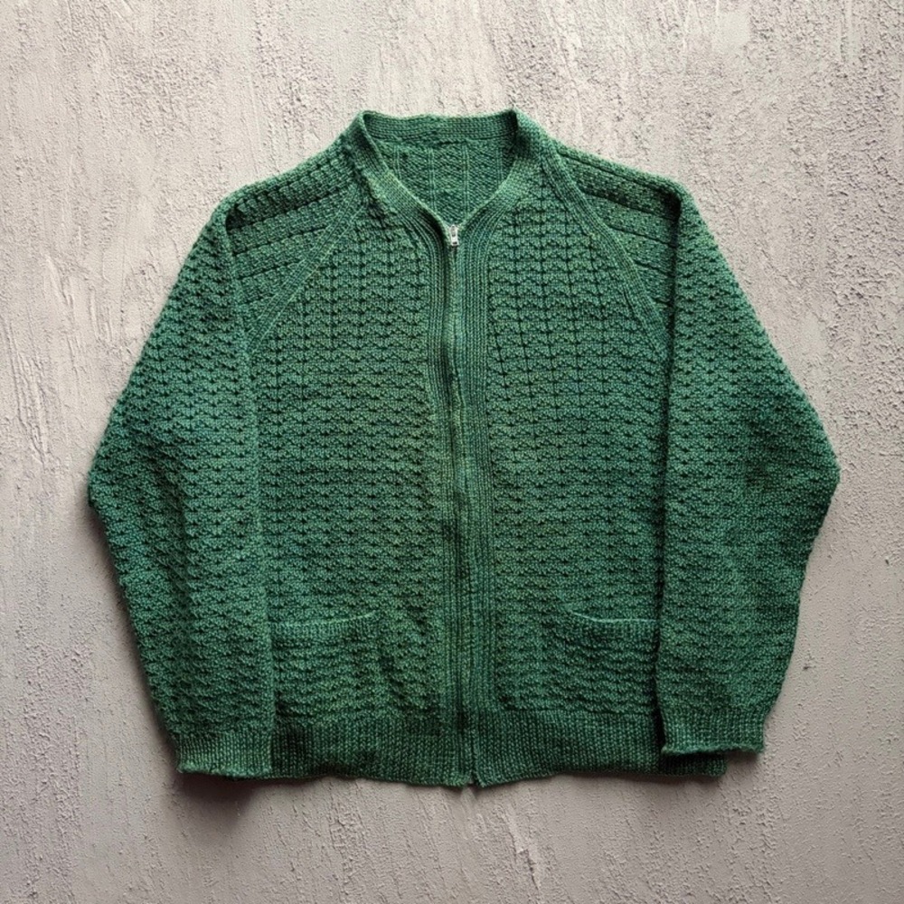 Vintage Zip Up Cardigan Sweater Large Green 1960s Textured Knit USA